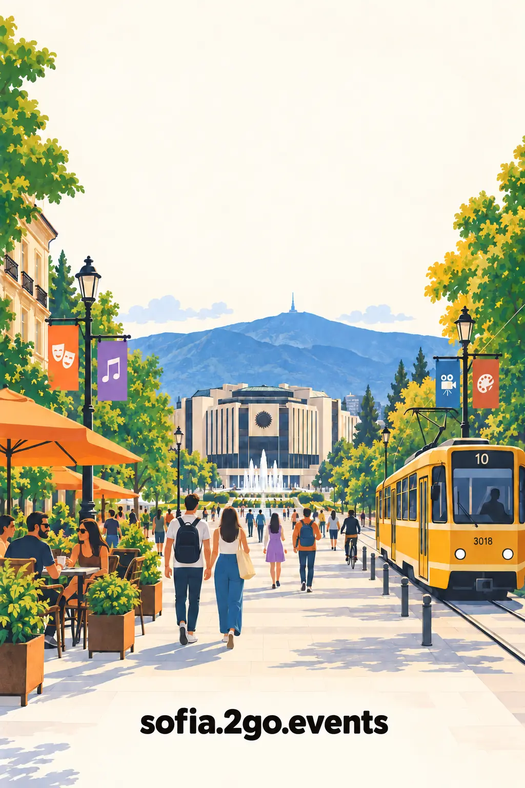 Sofia 2GO poster: people strolling down a Sofia boulevard, a yellow tram, the National Palace of Culture and Vitosha behind them.